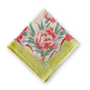 Antique Midcentury Lime Green Boarded Pink Floral Silk Linen Handkerchief